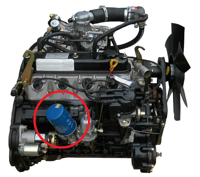  Toyota forklift engine where the oil filter location is highlighted with a red circle
